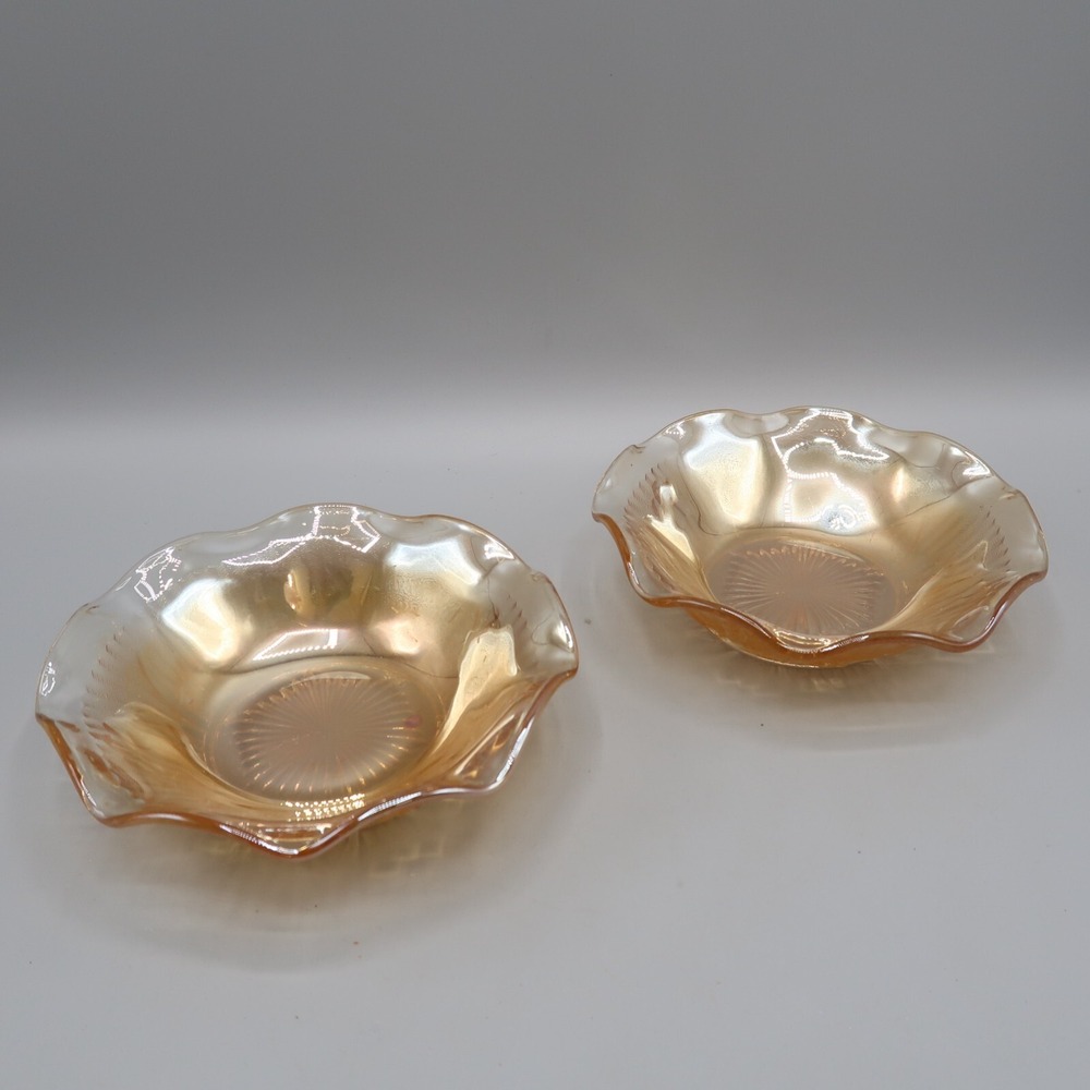 2 Fenton Carnival Glass Ruffled Bowls Flower Marigold Iridescent Candy Dish